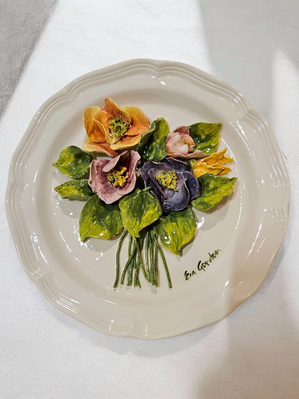 Handcrafted 3D Floral Ceramic Plate, Signed by artist Eva Gordon